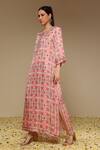 Neha Gursahani_Pink Satin, Linen Embroidery Round Neck Printed And Hand Long Kurta _Online_at_Aza_Fashions