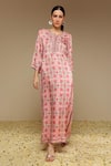 Buy_Neha Gursahani_Pink Satin, Linen Embroidery Round Neck Printed And Hand Long Kurta _at_Aza_Fashions