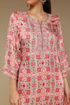 Buy_Neha Gursahani_Pink Satin, Linen Embroidery Round Neck Printed And Hand Long Kurta _Online_at_Aza_Fashions