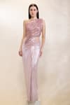 Shop_Neha Gursahani_Pink Lycra One Shoulder Draped Gown With Resin Bodice Plate _Online_at_Aza_Fashions