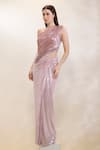 Neha Gursahani_Pink Lycra One Shoulder Draped Gown With Resin Bodice Plate _at_Aza_Fashions