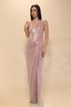 Buy_Neha Gursahani_Pink Lycra One Shoulder Draped Gown _at_Aza_Fashions