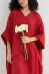 RAAS LIFE_Red Cotton Satin, Cotton, Vegan Silk Lace V-neck Angela V Kaftan With Pant _Online_at_Aza_Fashions