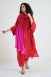 Shop_RAAS LIFE_Red Cotton Satin, Cotton, Vegan Silk Lace V-neck Angela V Kaftan With Pant _Online_at_Aza_Fashions