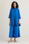 Buy RAAS LIFE Blue Vegan Silk Lace Collared Bluebell Work Tunic And Pant Set at Aza Fashions Buy_RAAS LIFE_Blue Vegan Silk Lace Collared Bluebell Work Tunic And Pant Set _at_Aza_Fashions