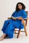 Shop RAAS LIFE Blue Vegan Silk Lace Collared Bluebell Work Tunic And Pant Set Online at Aza Fashions Shop_RAAS LIFE_Blue Vegan Silk Lace Collared Bluebell Work Tunic And Pant Set _Online_at_Aza_Fashions