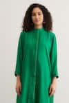 RAAS LIFE_Green Vegan Silk Lace Mandarin Collar Gloria Pleated Panelled Kurta _Online_at_Aza_Fashions