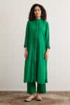 Buy_RAAS LIFE_Green Vegan Silk Lace Mandarin Collar Gloria Pleated Panelled Kurta _Online_at_Aza_Fashions