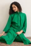 RAAS LIFE_Green Vegan Silk Lace Mandarin Collar Gloria Pleated Panelled Kurta _at_Aza_Fashions