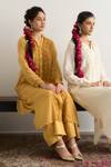 RAAS LIFE_Yellow Cotton, Vegan Silk Lace, Embroidery Split V-neck Heer Work Kurta _Online_at_Aza_Fashions