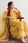 Buy_RAAS LIFE_Yellow Cotton, Vegan Silk Lace, Embroidery Split V-neck Heer Work Kurta _at_Aza_Fashions