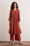 RAAS LIFE Rust Cotton, , Vegan Lace Round Neck Tulip Pleated Kurta Set Online at Aza Fashions RAAS LIFE_Rust Cotton, , Vegan Lace Round Neck Tulip Pleated Kurta Set _Online_at_Aza_Fashions
