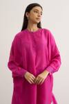 RAAS LIFE_Fuchsia Cotton, Silk, Tissue Mandarin Collar Salvia High Low Top Pant Set _Online_at_Aza_Fashions