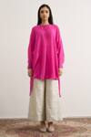 Shop_RAAS LIFE_Fuchsia Cotton, Silk, Tissue Mandarin Collar Salvia High Low Top Pant Set _at_Aza_Fashions