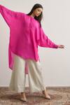 Buy_RAAS LIFE_Fuchsia Cotton, Silk, Tissue Mandarin Collar Salvia High Low Top Pant Set 