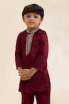 Neha Gursahani_Maroon Satin, Linen Embroidery Placket Sherwani And Narrow Pant Set _Online_at_Aza_Fashions