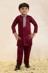 Buy_Neha Gursahani_Maroon Satin, Linen Embroidery Placket Sherwani And Narrow Pant Set _at_Aza_Fashions