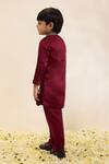 Shop_Neha Gursahani_Maroon Satin, Linen Embroidery Placket Sherwani And Narrow Pant Set _at_Aza_Fashions