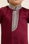 Neha Gursahani_Maroon Satin, Linen Embroidery Placket Sherwani And Narrow Pant Set _at_Aza_Fashions