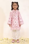 Buy_Neha Gursahani_Pink Satin, Linen Embroidery Floral Printed Kurta Set With Jaali _at_Aza_Fashions