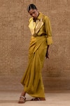 Buy_Eeda_Mustard Embroidery, Patchwork Collared Metallic Silk Shirt And Wrap Skirt _at_Aza_Fashions