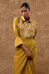 Eeda_Mustard Embroidery, Patchwork Collared Metallic Silk Shirt And Wrap Skirt _at_Aza_Fashions