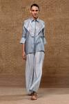 Buy_Eeda_Sky Blue Chanderi Silk Patchwork Collared Metallic Shirt And Pant Set _at_Aza_Fashions