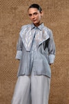Shop_Eeda_Sky Blue Chanderi Silk Patchwork Collared Metallic Shirt And Pant Set _Online_at_Aza_Fashions