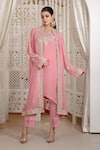 Buy_Daljit Sudan_Pink Crepe, Organza Embroidery V-neck Kashmiri Aari Jacket Kurta Pant Set _at_Aza_Fashions