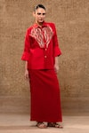 Buy_Eeda_Red Patchwork, Metallic Thread, Embroidery Collared Silk Shirt And Skirt Set _at_Aza_Fashions