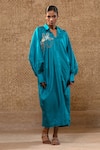 Buy_Eeda_Blue Silk Sequins, Embroidery Collared Sculpted Sleeve Dress _at_Aza_Fashions
