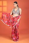 Tanu Malhotra_Red Crepe, Net Mirrors V-neck Floral Print Pre-draped Saree And Work Blouse Set _Online_at_Aza_Fashions