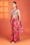Buy_Tanu Malhotra_Red Crepe, Net Mirrors V-neck Floral Print Pre-draped Saree And Work Blouse Set _Online_at_Aza_Fashions