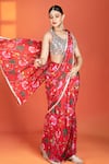 Shop_Tanu Malhotra_Red Crepe, Net Mirrors V-neck Floral Print Pre-draped Saree And Work Blouse Set _Online_at_Aza_Fashions