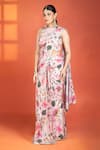 Buy_Tanu Malhotra_Pink Crepe Sequins, Embroidery, Floral Printed Pre-draped Saree And Blouse Set _Online_at_Aza_Fashions