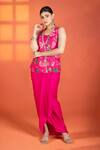 Shop_Tanu Malhotra_Fuchsia Silk, Modal, Satin Embroidery, Metallic Floral Jacket Drape Skirt Set _Online_at_Aza_Fashions