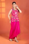 Buy_Tanu Malhotra_Fuchsia Silk, Modal, Satin Embroidery, Metallic Floral Jacket Drape Skirt Set 