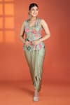 Shop_Tanu Malhotra_Green Silk, Modal, Satin Embroidery, Mirrors Floral Jacket Draped Skirt Set _Online_at_Aza_Fashions