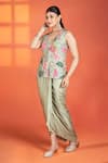 Tanu Malhotra_Green Silk, Modal, Satin Embroidery, Mirrors Floral Jacket Draped Skirt Set _at_Aza_Fashions