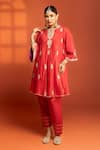 Tanu Malhotra_Red Cotton, Silk, Net Embroidery, Metallic Thread, Flared Kurta Salwar Set _Online_at_Aza_Fashions