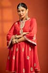 Tanu Malhotra_Red Cotton, Silk, Net Embroidery, Metallic Thread, Flared Kurta Salwar Set _at_Aza_Fashions