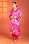 Buy_Tanu Malhotra_Fuchsia Modal, Satin Mirrors, Embroidery, Piping V-neck Floral Printed Kurta Set _Online_at_Aza_Fashions