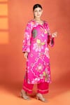 Tanu Malhotra_Fuchsia Modal, Satin Mirrors, Embroidery, Piping V-neck Floral Printed Kurta Set _at_Aza_Fashions