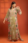 Buy_Tanu Malhotra_Green Silk, Velvet, Lycra Printed Side-panel Long Kurta And Churidar Set _at_Aza_Fashions