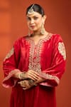 Tanu Malhotra_Red Velvet, Silk Embroidery, Metallic Thread Split V-neck Kurta Set _Online_at_Aza_Fashions