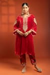 Buy_Tanu Malhotra_Red Velvet, Silk Embroidery, Metallic Thread Split V-neck Kurta Set _Online_at_Aza_Fashions