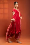 Shop_Tanu Malhotra_Red Velvet, Silk Embroidery, Metallic Thread Split V-neck Kurta Set _Online_at_Aza_Fashions