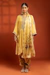 Tanu Malhotra_Yellow Velvet, Silk Embroidery, Sequins, Stones, Foil Printing, Kurta Salwar Set _at_Aza_Fashions