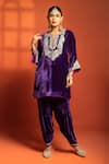 Buy_Tanu Malhotra_Purple Velvet, Silk Embroidery, Metallic Thread, Foil Printing, Kurta Dhoti Set _Online_at_Aza_Fashions