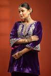 Buy_Tanu Malhotra_Purple Velvet, Silk Embroidery, Metallic Thread, Foil Printing, Kurta Dhoti Set 